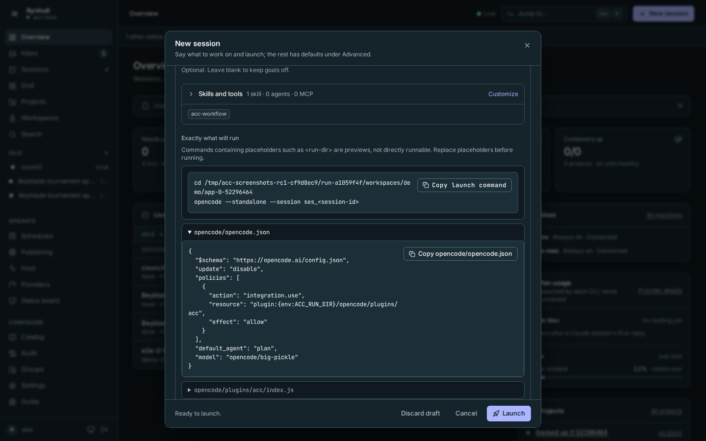 The New session dialog with OpenCode: its permissions and primary agent, a provider/model model and the session's own config files