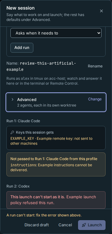 The same launch warnings wrap within the dialog on a phone