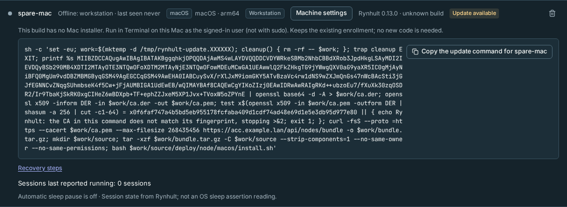 Fictional machines in Host, including an older Mac node that needs a manual update