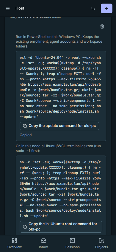 On a phone, each recovery command wraps within the machine row and has its own copy button