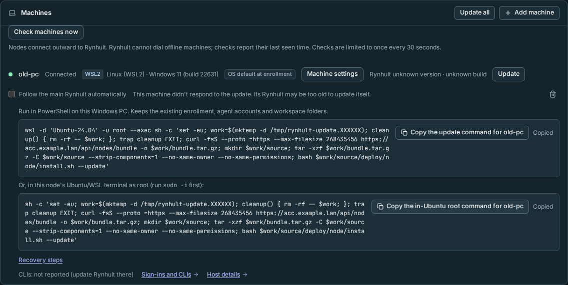 Host shows copyable PowerShell and in-Ubuntu recovery commands for an older WSL machine