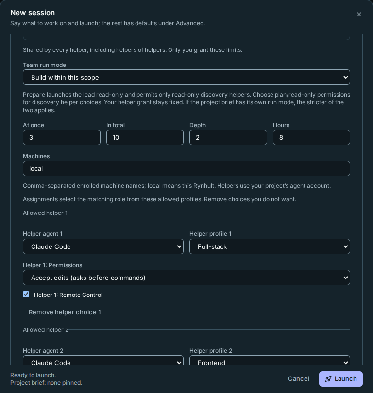 The grant editor shows task-matching helper profiles, permission choices and removal controls