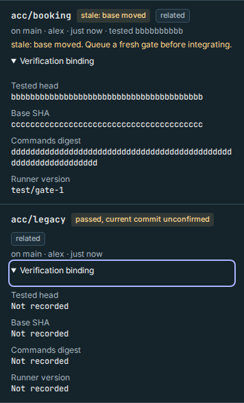 Synthetic gate jobs on a phone: full verification bindings and missing legacy evidence