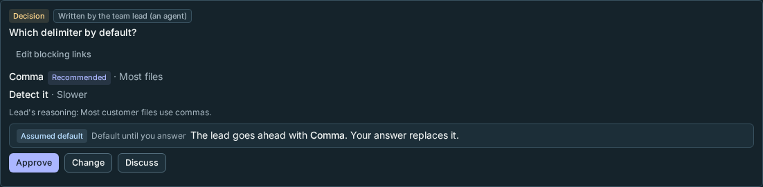 A decision card with its default until answered