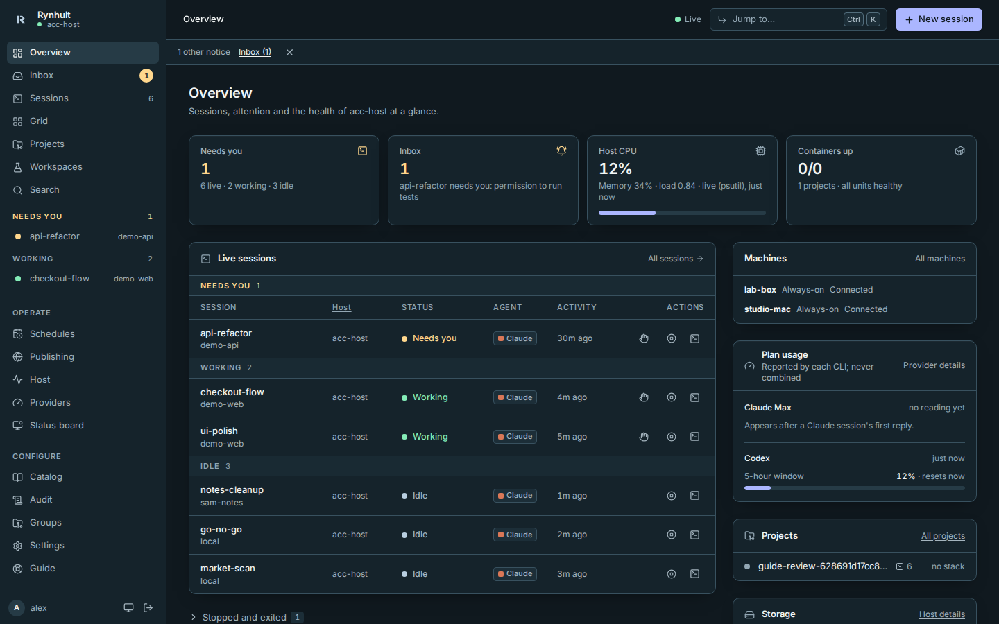 The Rynhult overview: live sessions, items that need attention, plan usage and host health