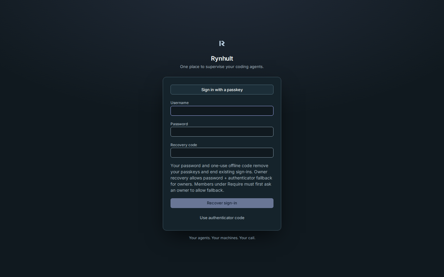 The recovery form asks for username, password and the one-use offline code
