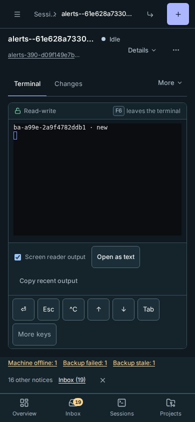 A phone session with the terminal near the top and offline machine and backup counts above the bottom navigation