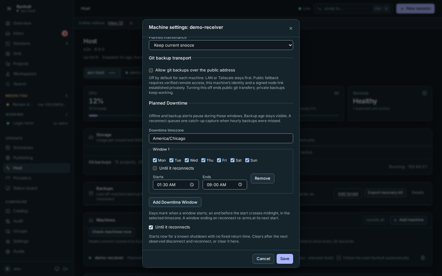 Machine settings with daily local downtime and until-reconnect controls