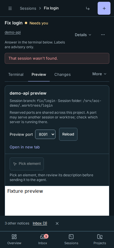 The same preview context and shared-port warning on a phone