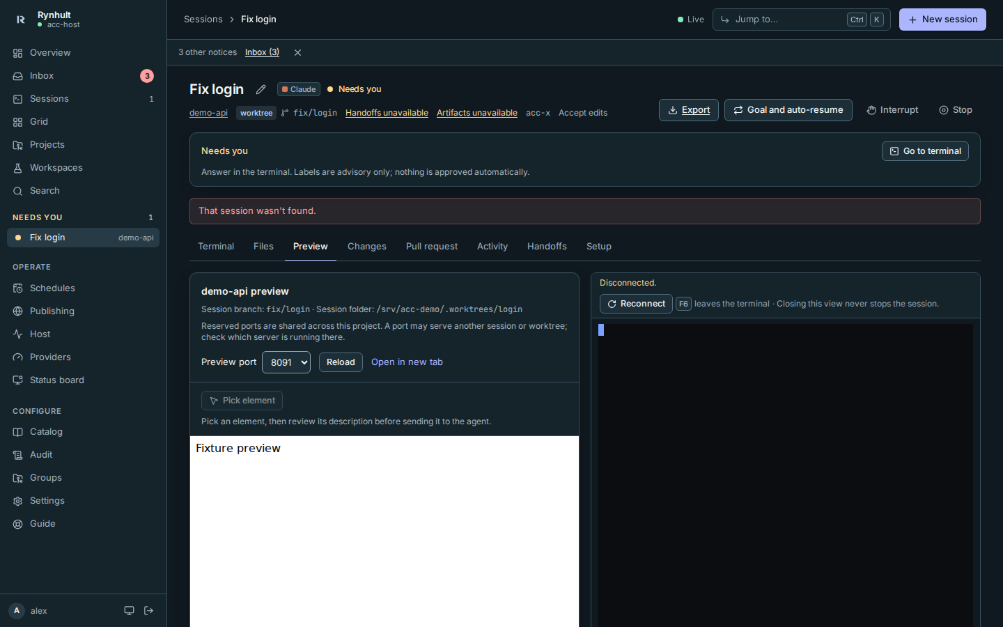 Preview identifies the project, session branch and folder without claiming the port is exclusive to that worktree