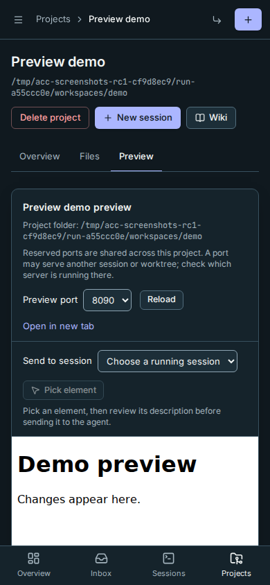 The Preview controls wrap on a phone above the app