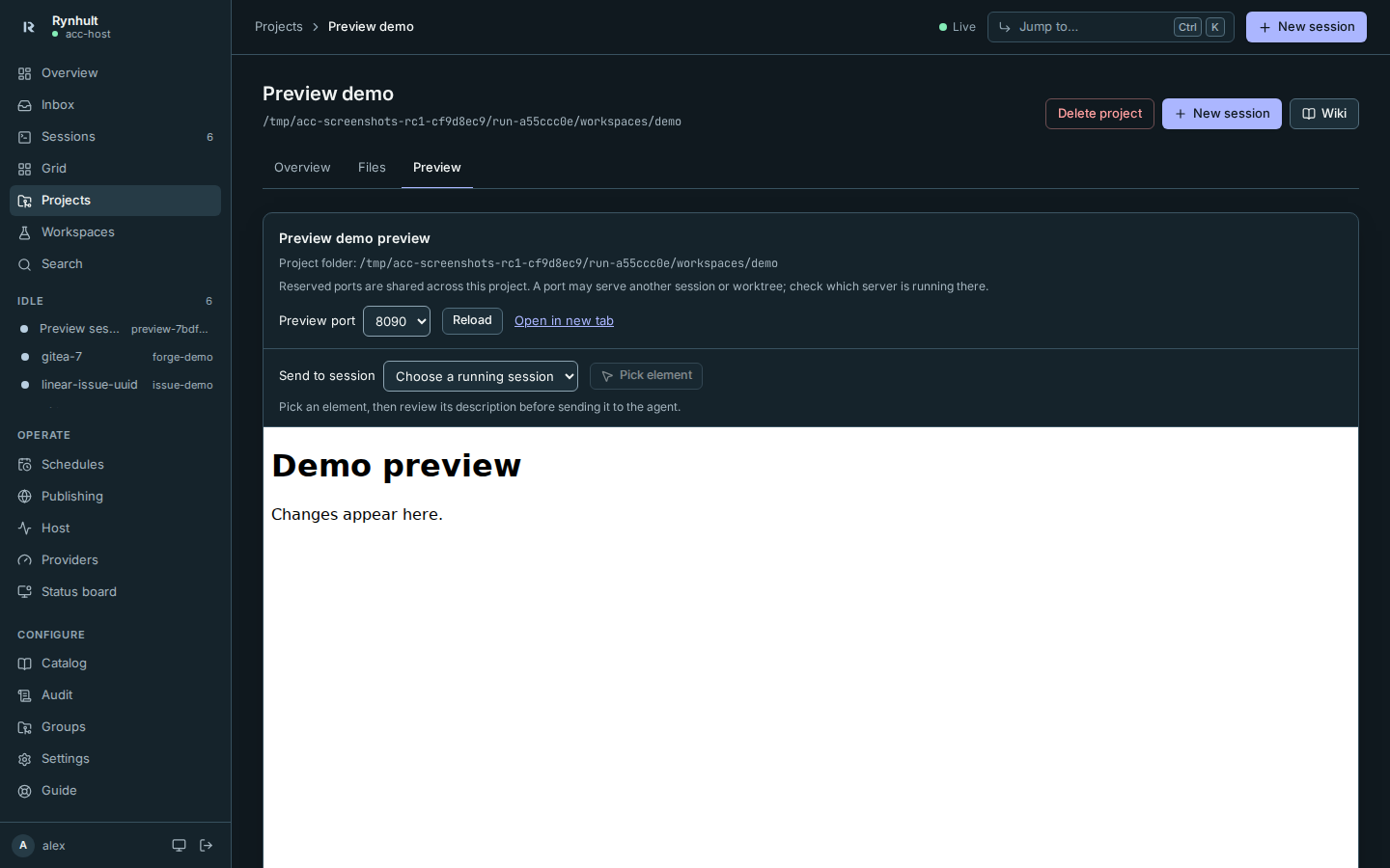 A project's Preview tab showing the demo app and port picker