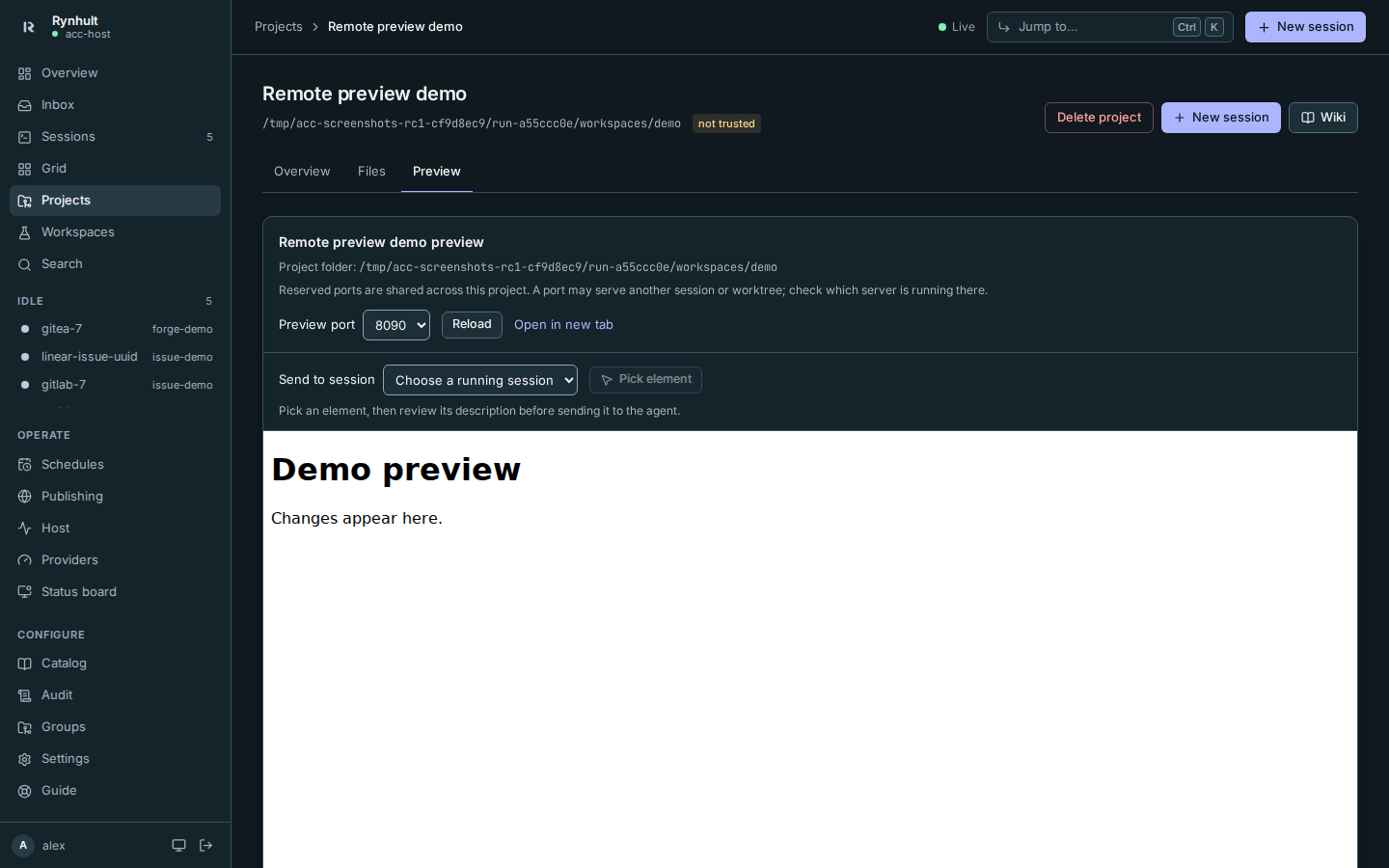 A remote demo project using Preview through its machine connection