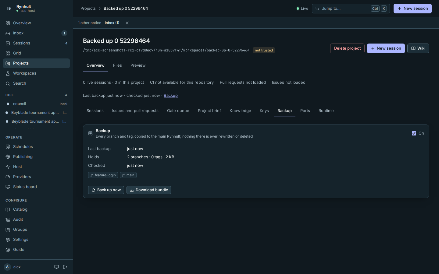 The opened project Backup group retains its controls and backup inventory