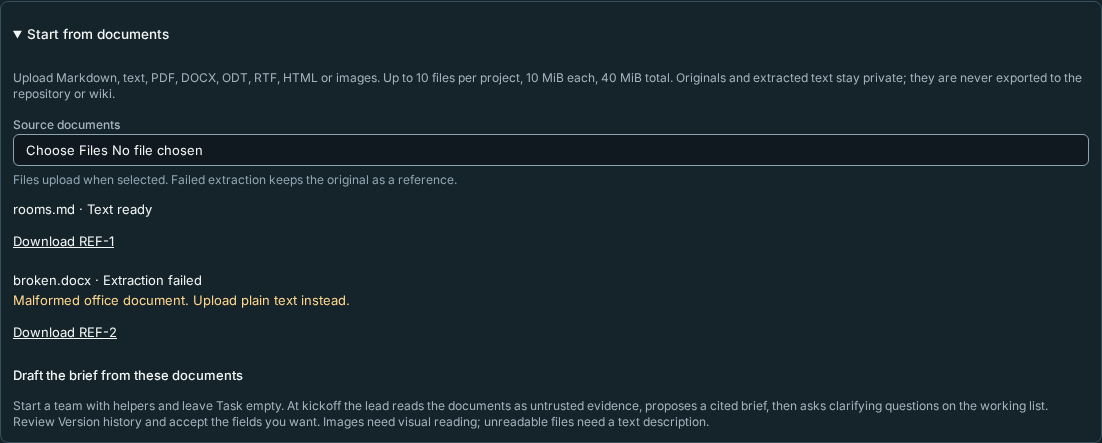 Private document upload with a readable source and a retained extraction failure