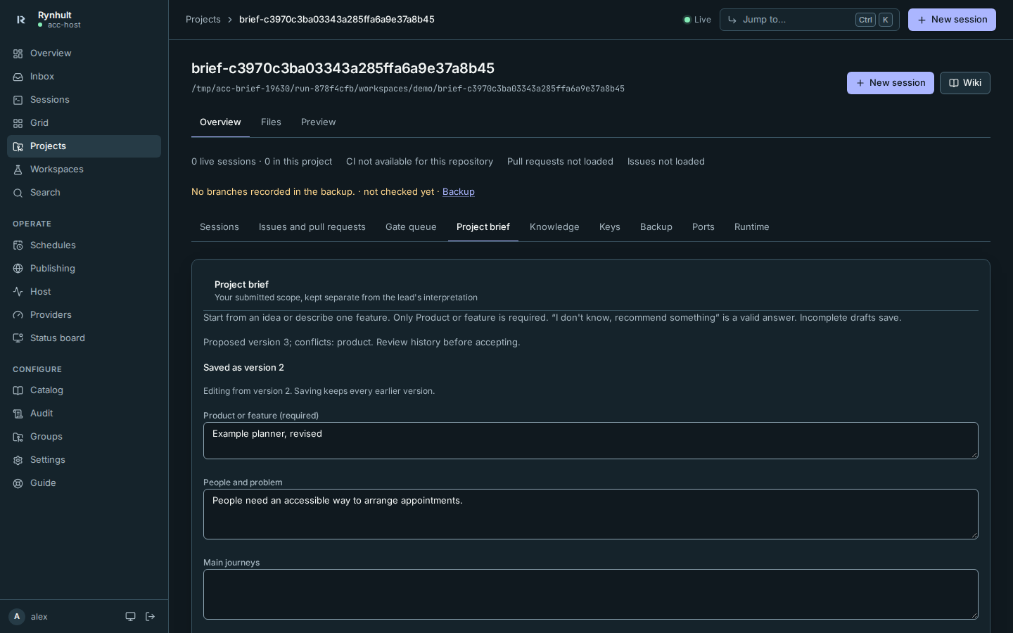 Project brief form with optional scope fields and the saved version