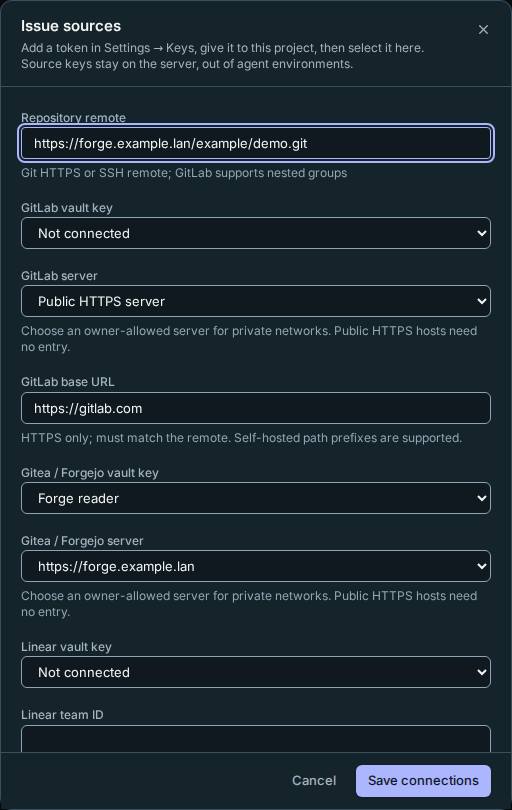 Connecting a project to an owner-allowed Forgejo server with a vault key