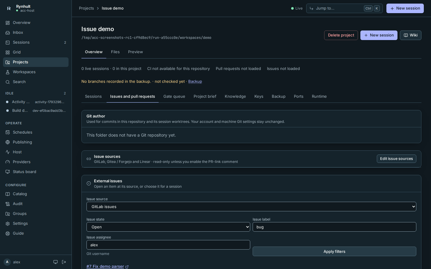 A project's GitLab issues, filters and server-only vault key
