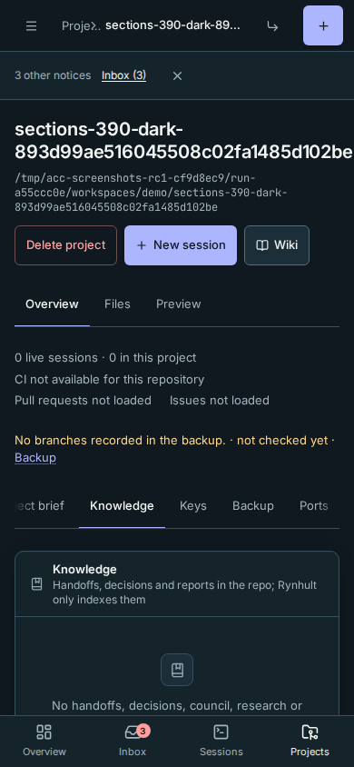 A project's Overview with its section tabs on a phone