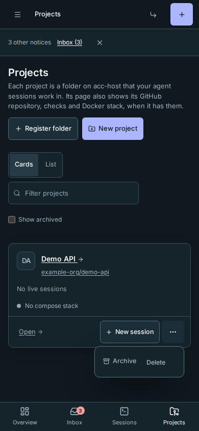 A project's actions menu on a phone, keeping Archive secondary to New session