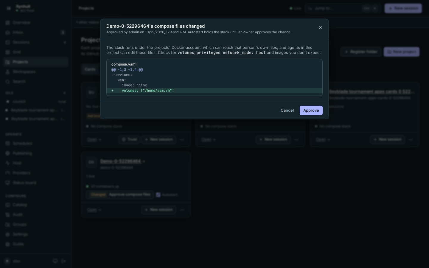 Reviewing a change to a project's compose files before autostart runs it