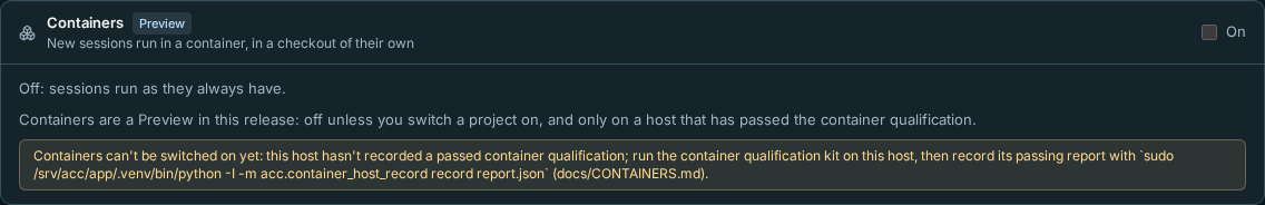 The Containers card on a host that hasn't passed the qualification