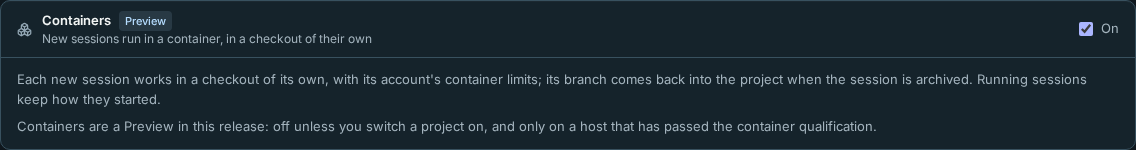 The Containers card in a project's Runtime tab, switched on