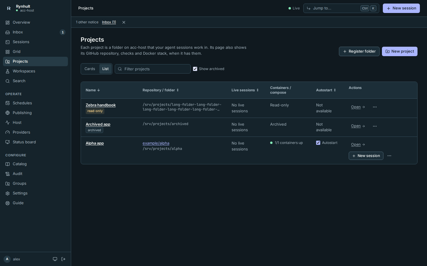 Projects as a sortable table