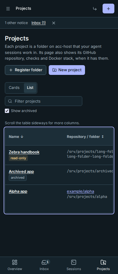 Projects table on a phone
