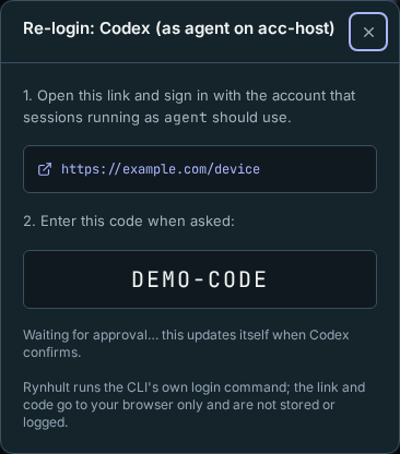 A device-login dialog at phone width, with the link and example code