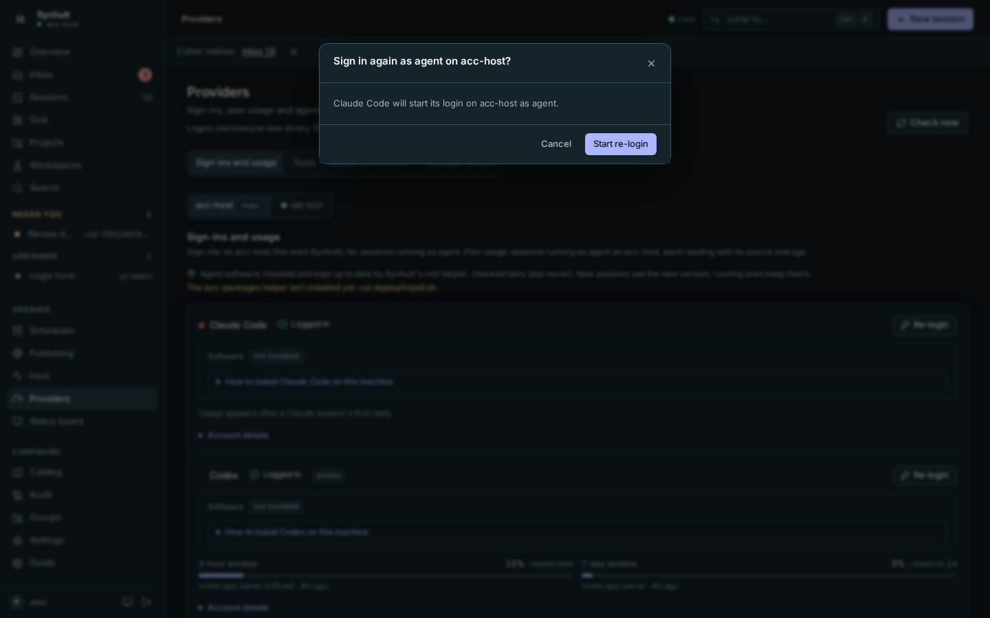 Re-login names the machine and agent account before starting any CLI command