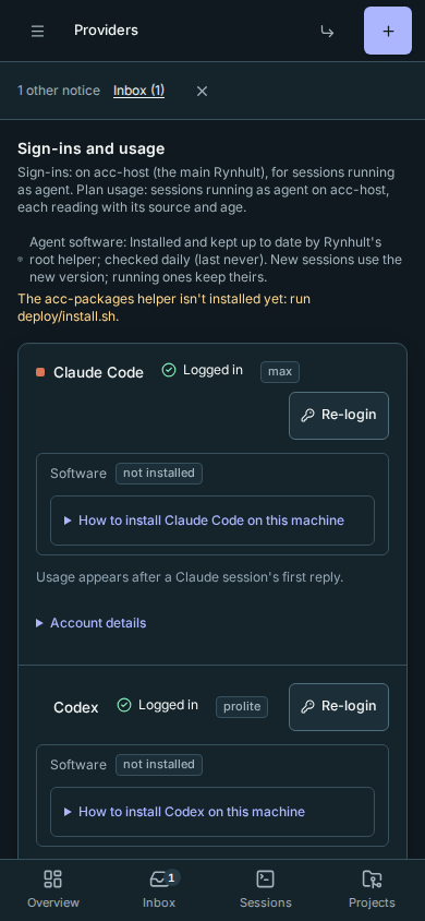 Providers on a phone, with section links and explicit machine and account scope