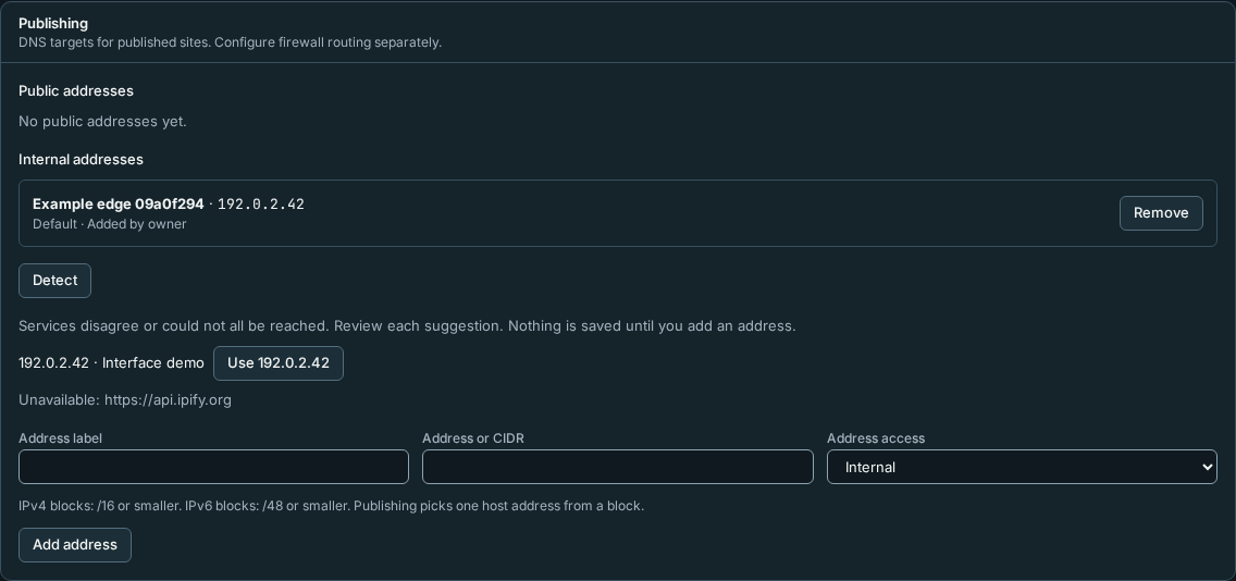 Settings lists public and internal publishing addresses and lets an owner review detection suggestions before adding one