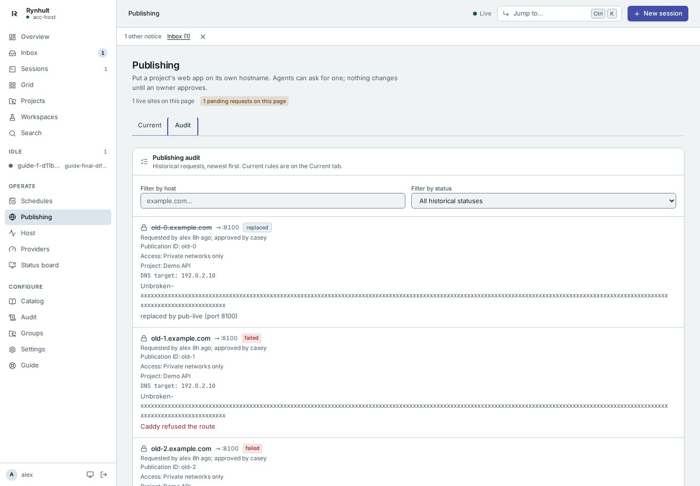 Publishing audit filters and history