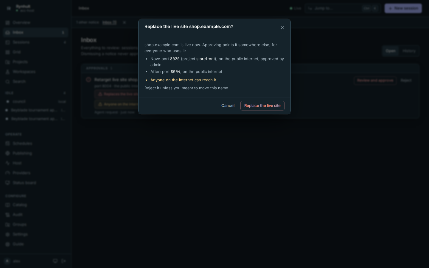 Approving a request that would retarget a live site