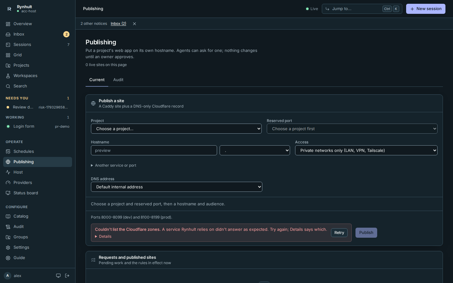 Publishing explains an unconfigured Cloudflare token