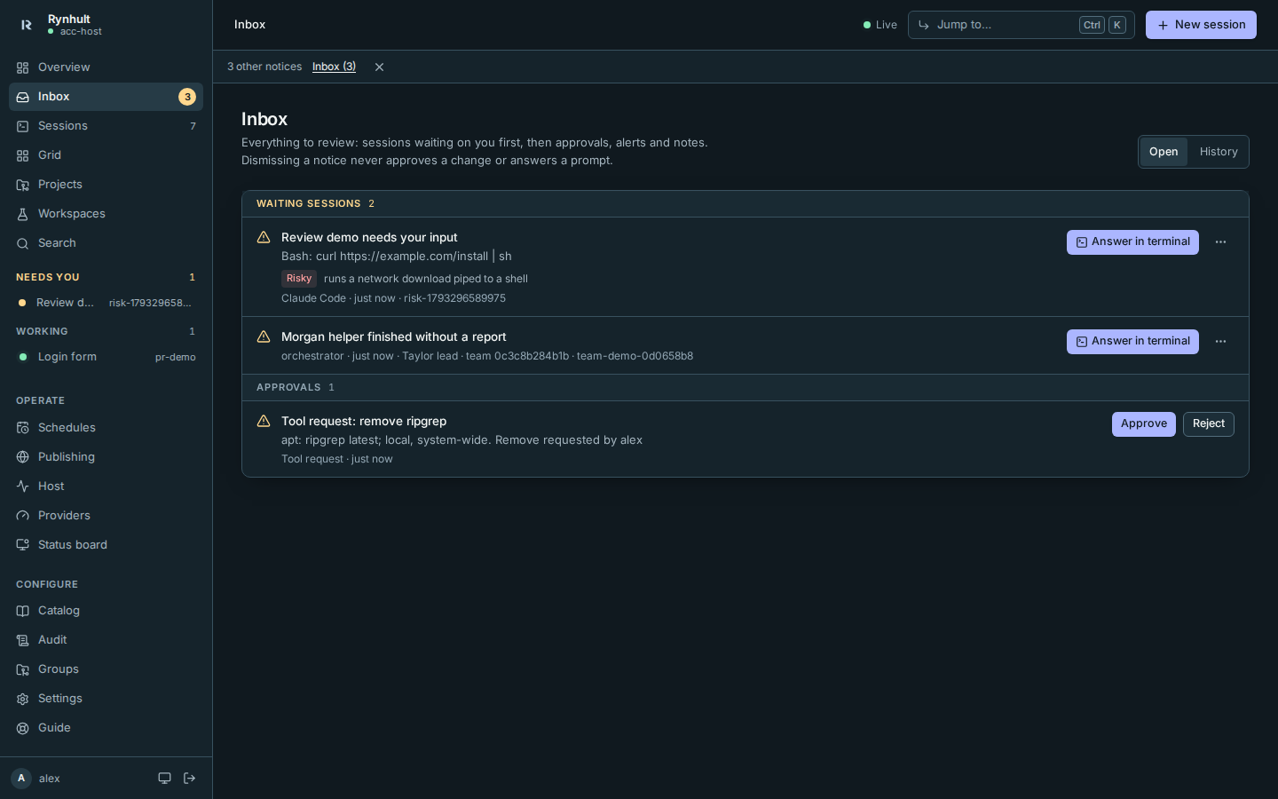 An Inbox prompt labelled Risky because it pipes a network download to a shell