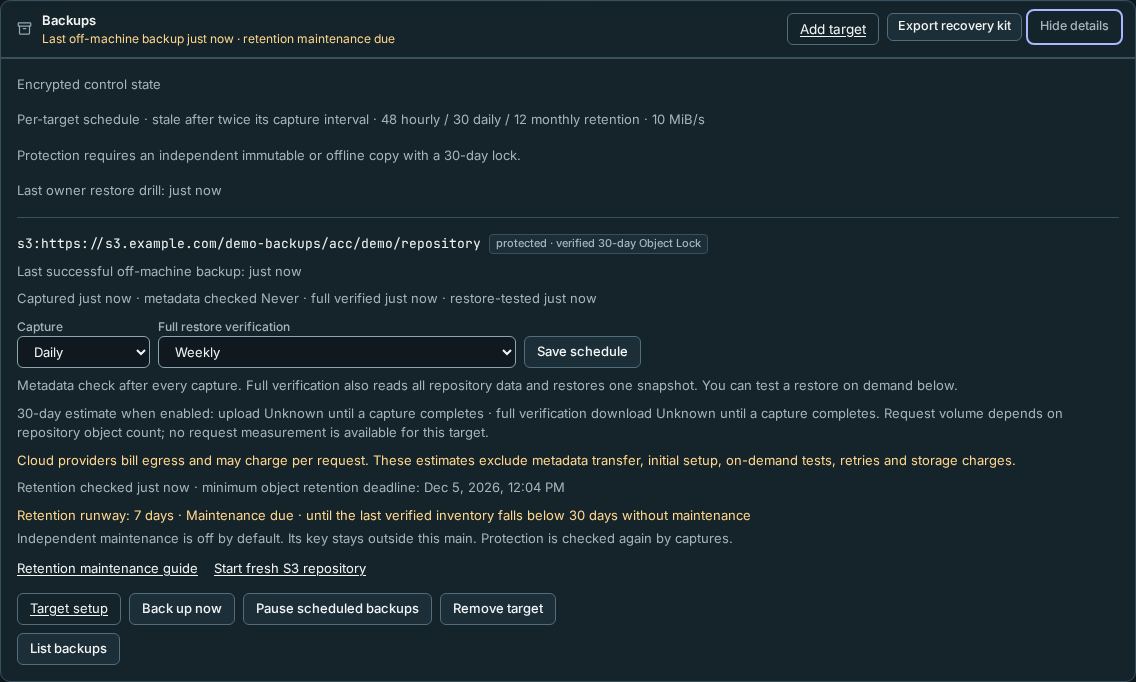 Backups details showing seven days of retention runway, maintenance guidance and fresh repository action