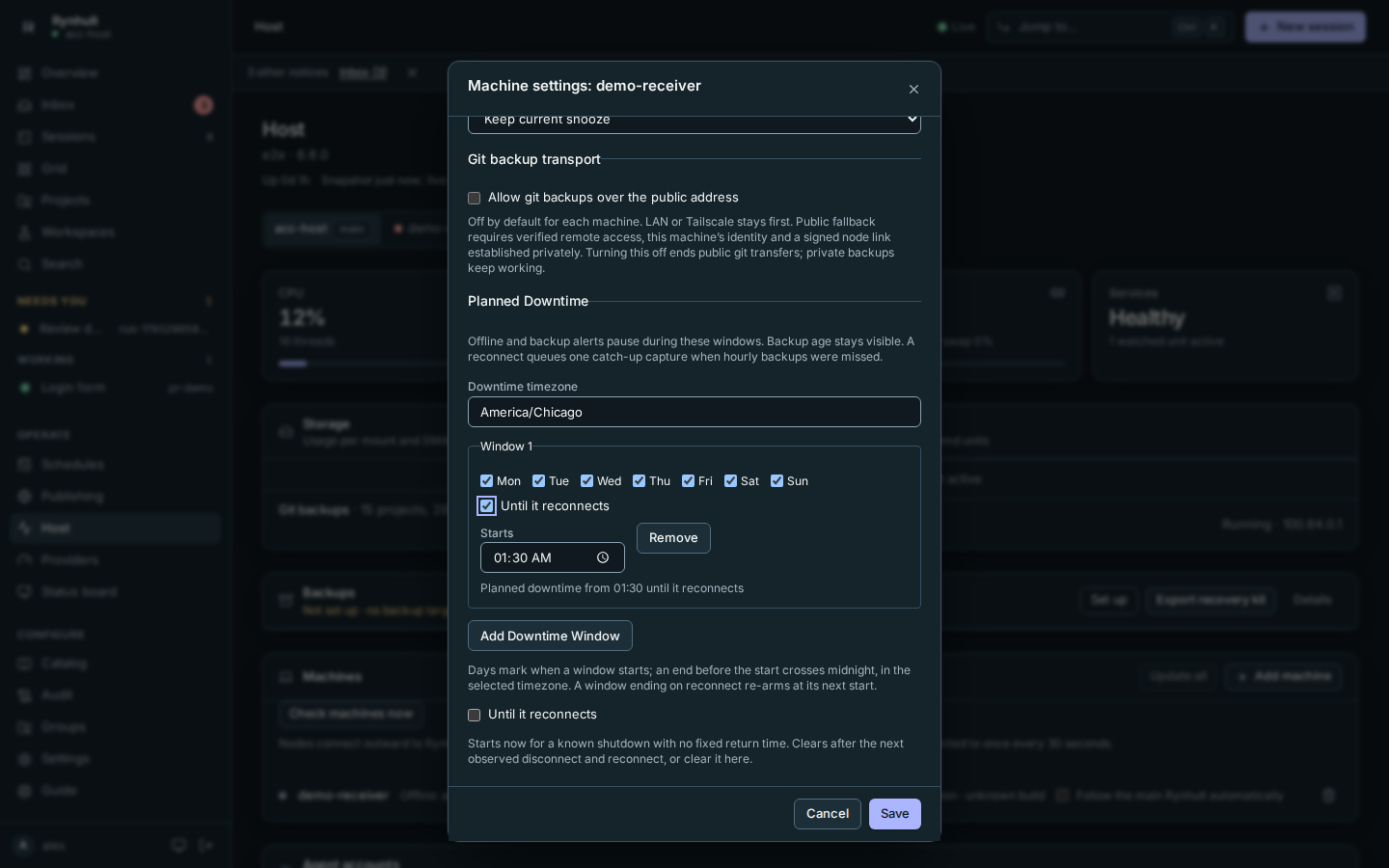 Scheduled daily downtime ending on reconnect