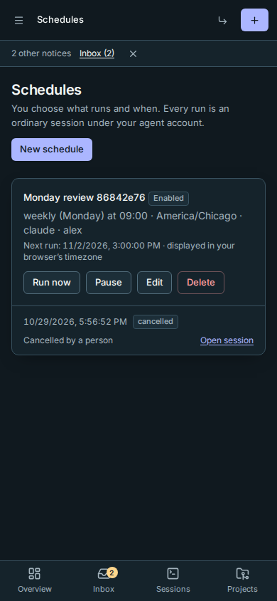 Schedules on a phone, with wrapped actions and run results