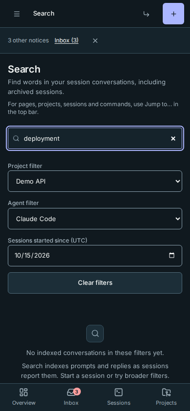 Project, agent and start-date filters stack on a phone, with Clear filters retaining the query