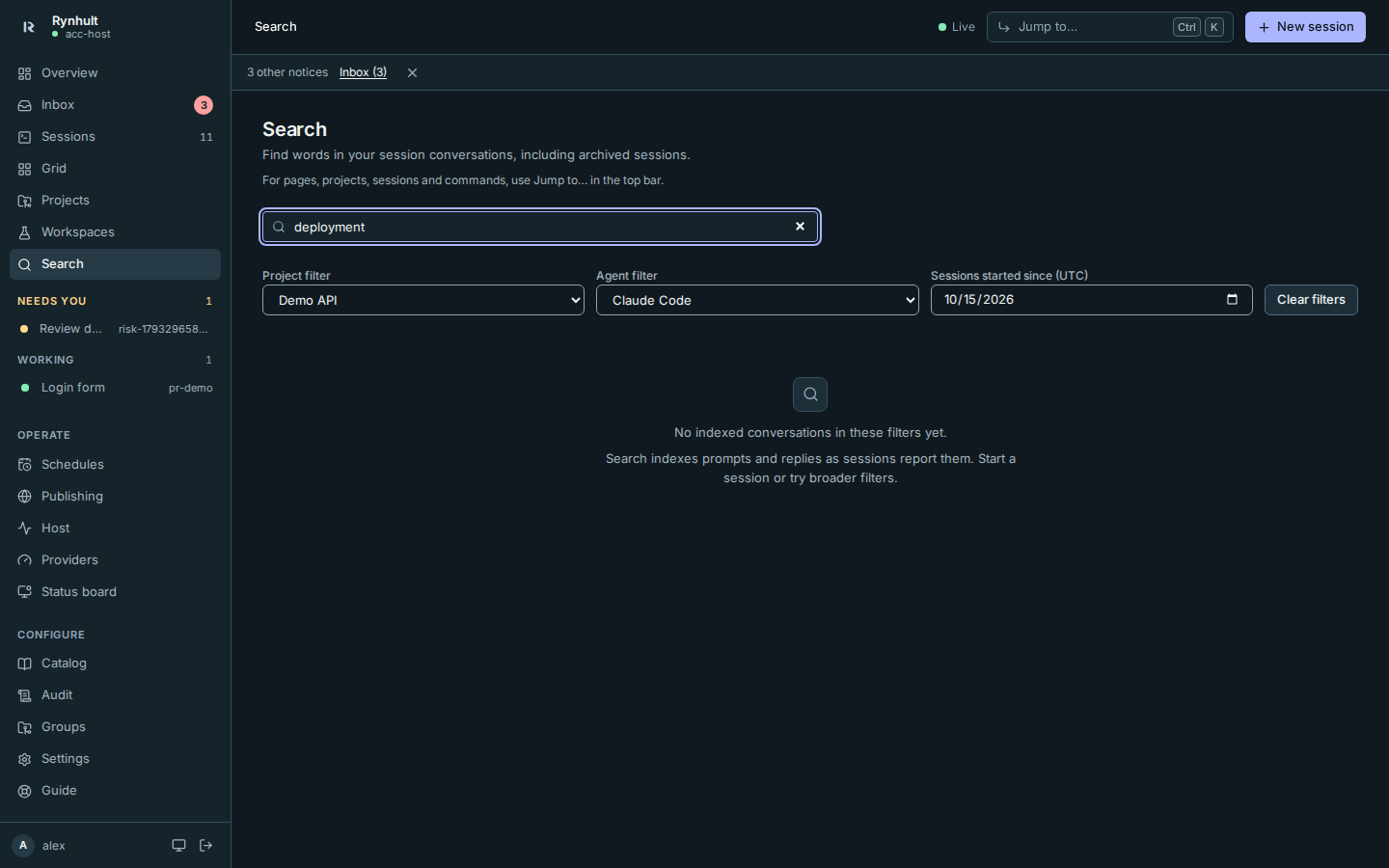 Search distinguishes an empty filtered index from a query with no matches