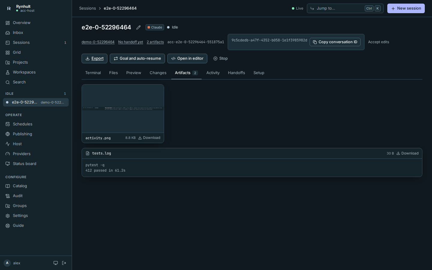 The Artifacts tab with a readable fictional test log