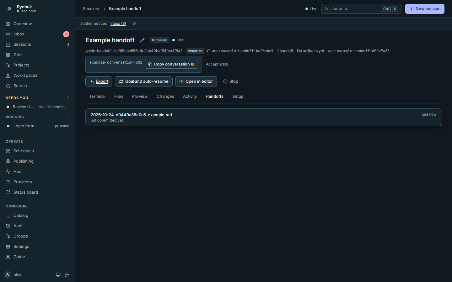 The Handoffs tab listing a note the agent wrote in its worktree, not committed yet