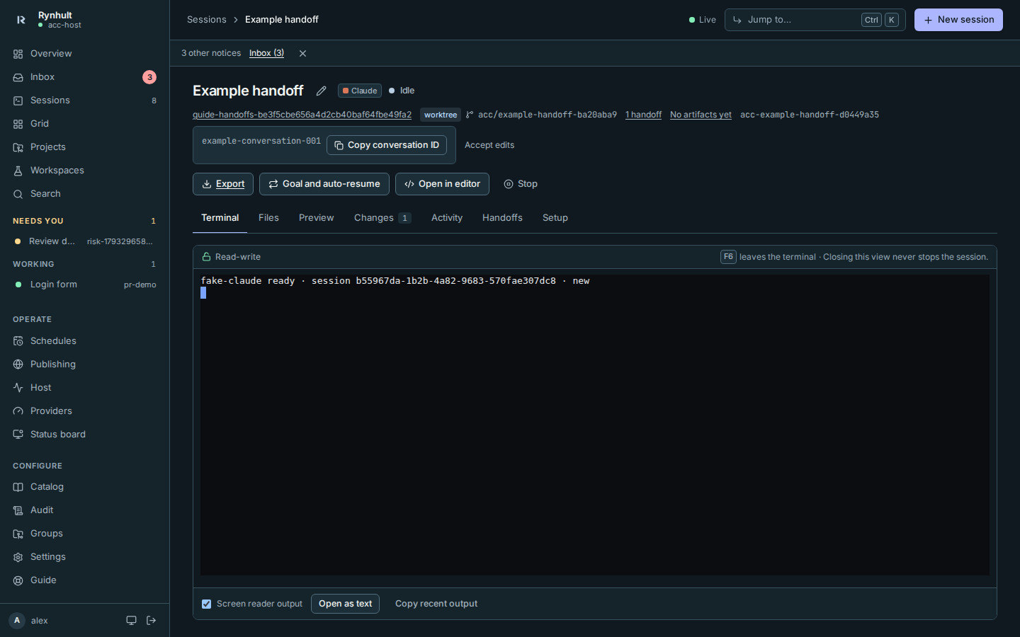 A session with its live terminal, screen reader toggle and text output controls