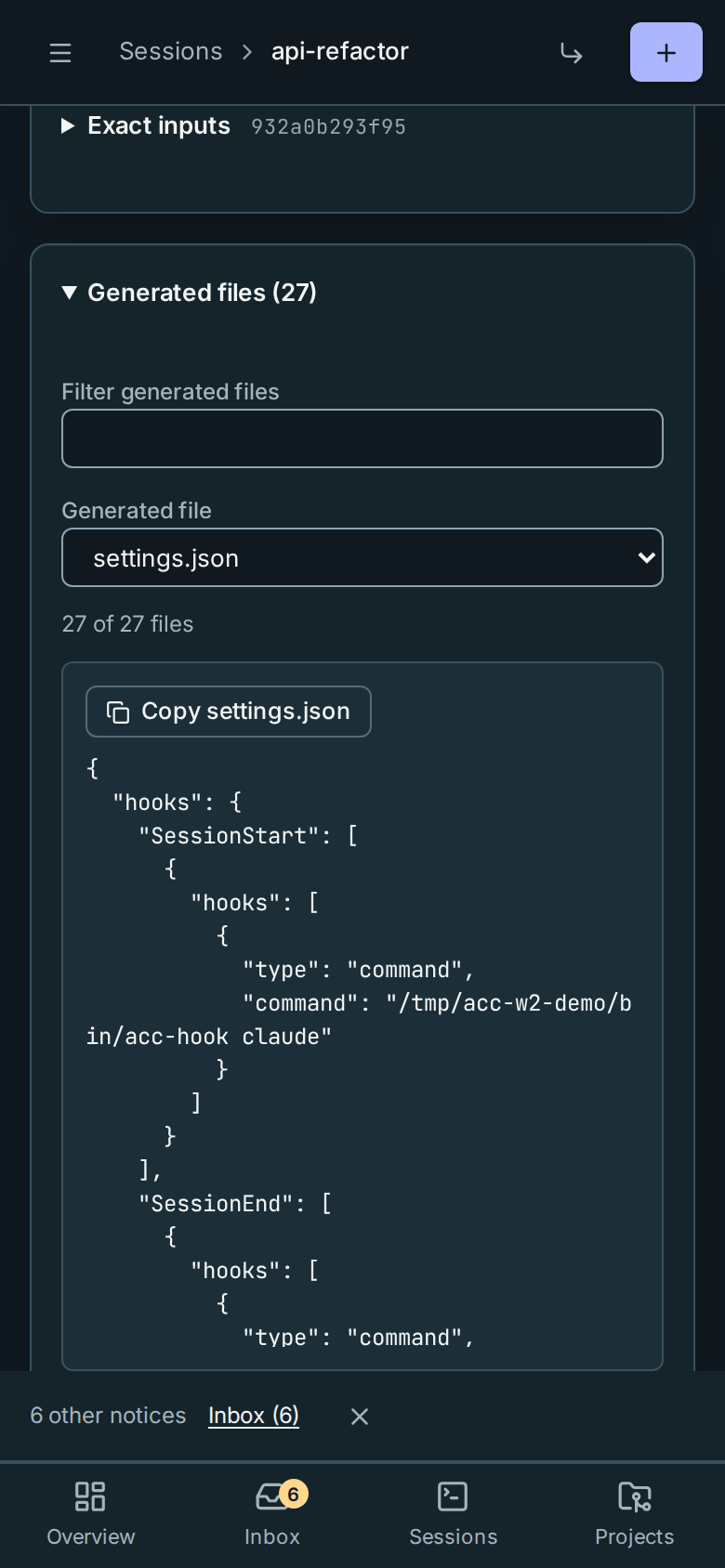 The generated-file controls and pane stack on a phone