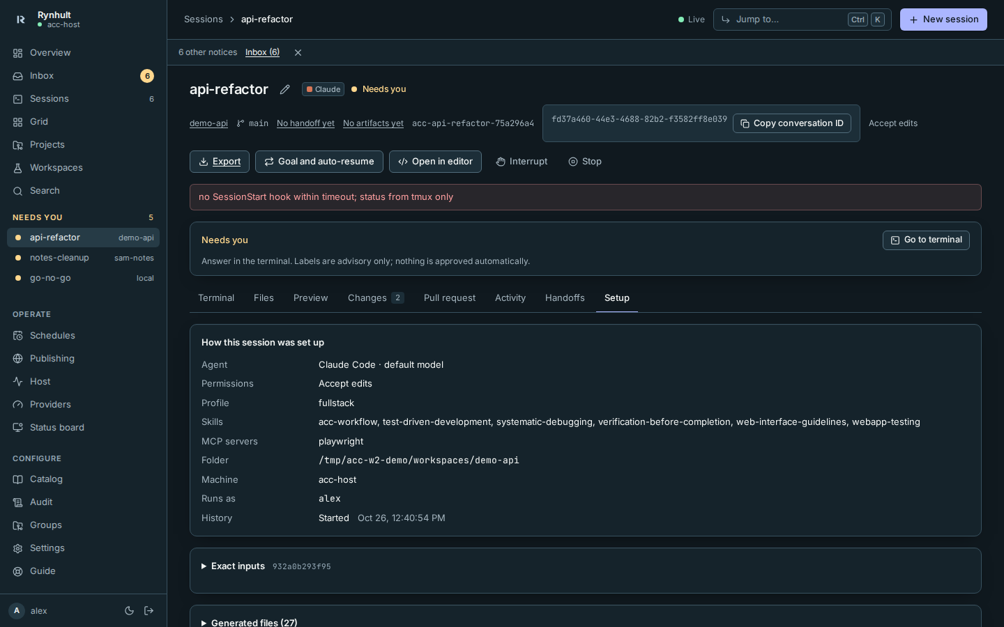 Setup shows launch choices with exact inputs and generated files collapsed