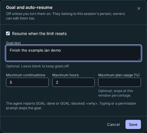 The Goal and auto-resume dialog