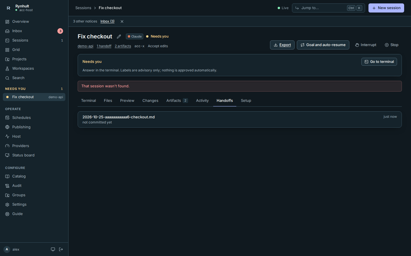 Compact handoff and artifact links in the session header
