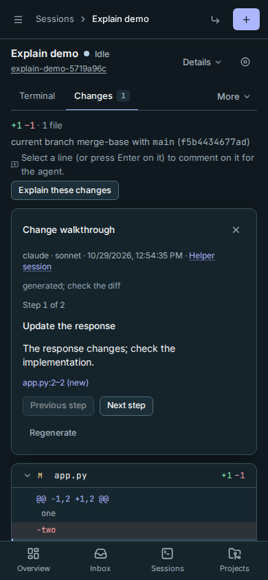 The walkthrough on a phone, with step navigation above the changed file